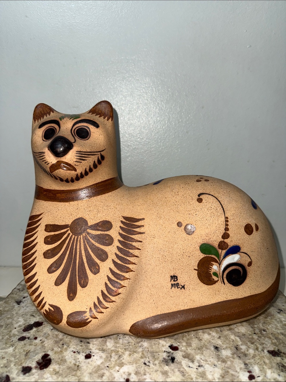 Large Tonala Stoneware Pottery Cat Statue Mexico Folk Art Rustic Bohemian Decor